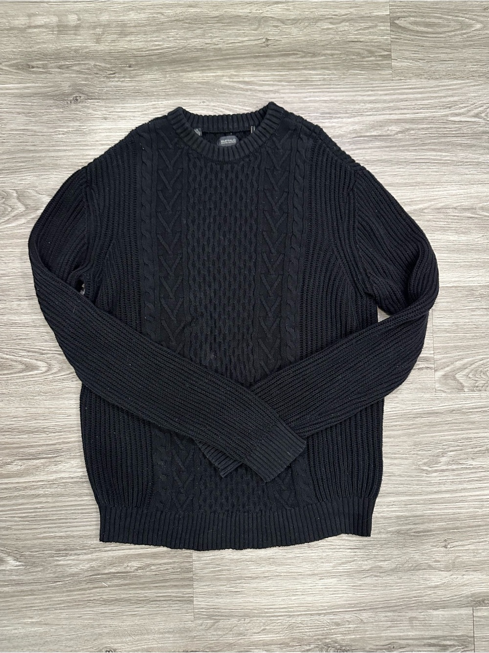 Buffalo David Bitton Men's Black Cable-Knit Crewneck Sweater 100% Cotton Men’s L